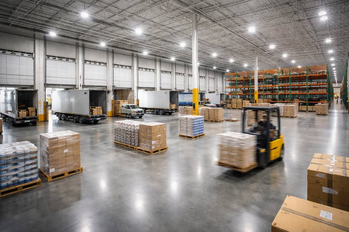 Active warehouse operations at 3PL Prime Medley FL — forklift moving pallets with trucks at dock doors